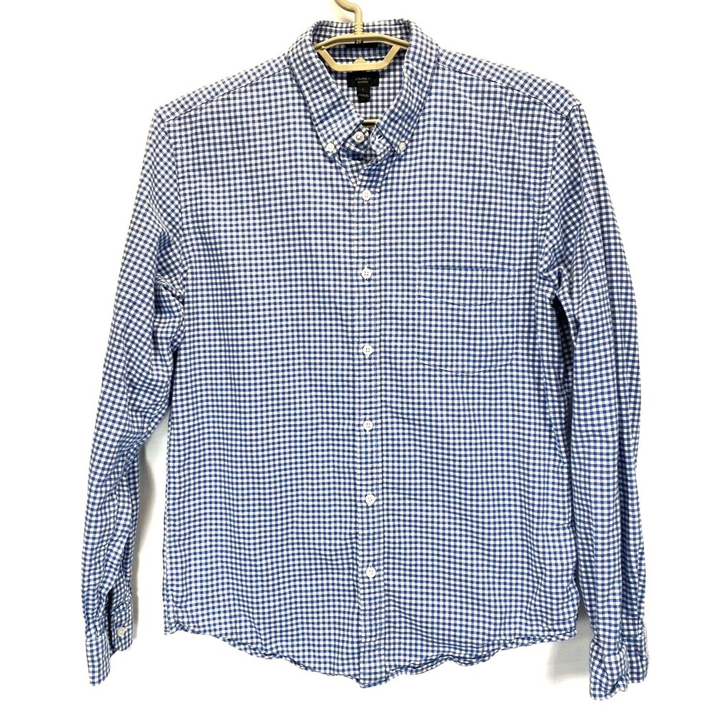 J Crew Men's Large Oxford Dress Shirt Button Down Slim Cotton Blue/White Check